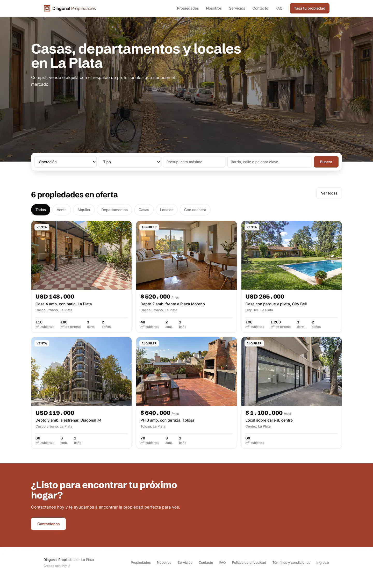 La portada de la web de Diagonal Propiedades, inmobiliaria de ejemplo de La Plata: el estilo Catálogo con el buscador arriba, seis propiedades con filtros y su pie, en color ladrillo.