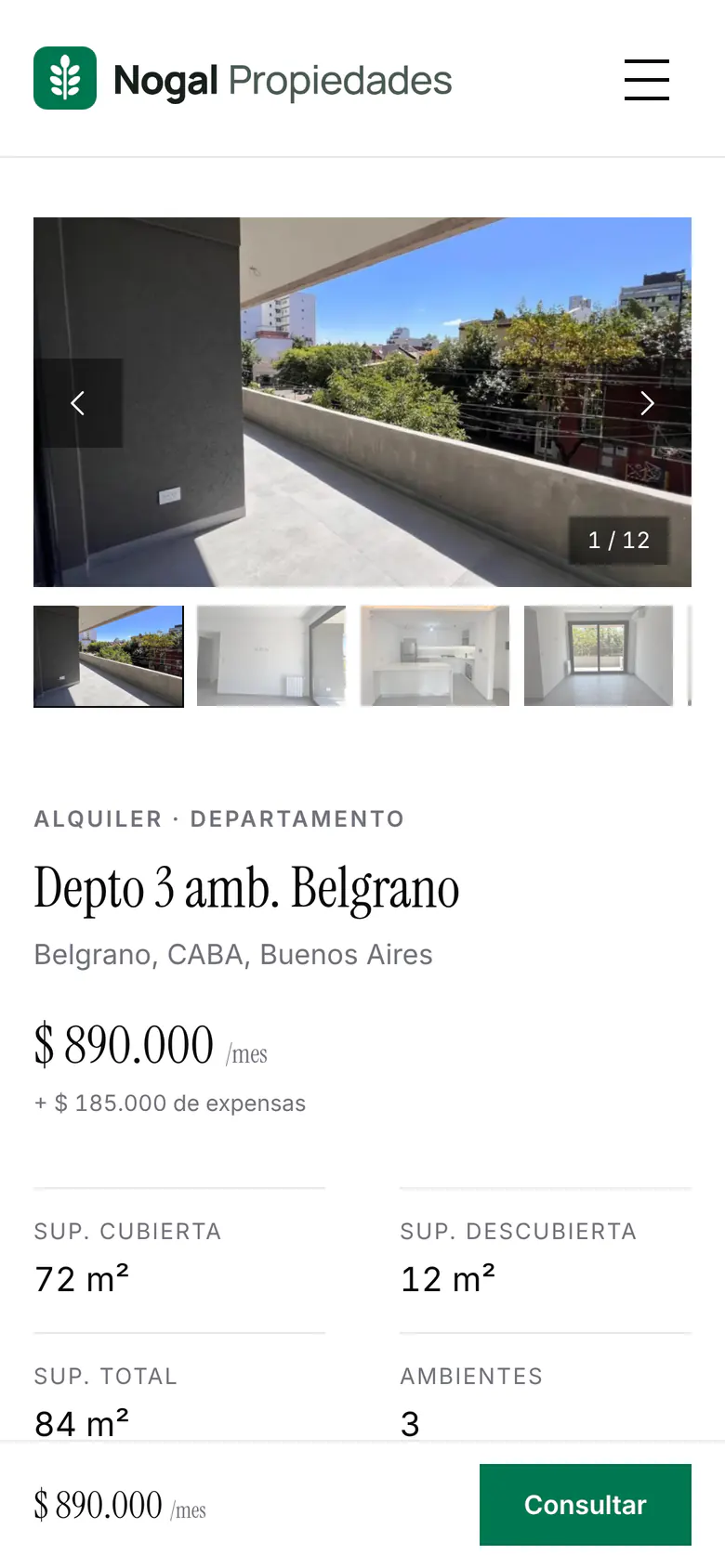 La ficha de un departamento de 3 ambientes en Belgrano en la web de Nogal Propiedades, vista en un celular, con el botón Consultar en su verde.