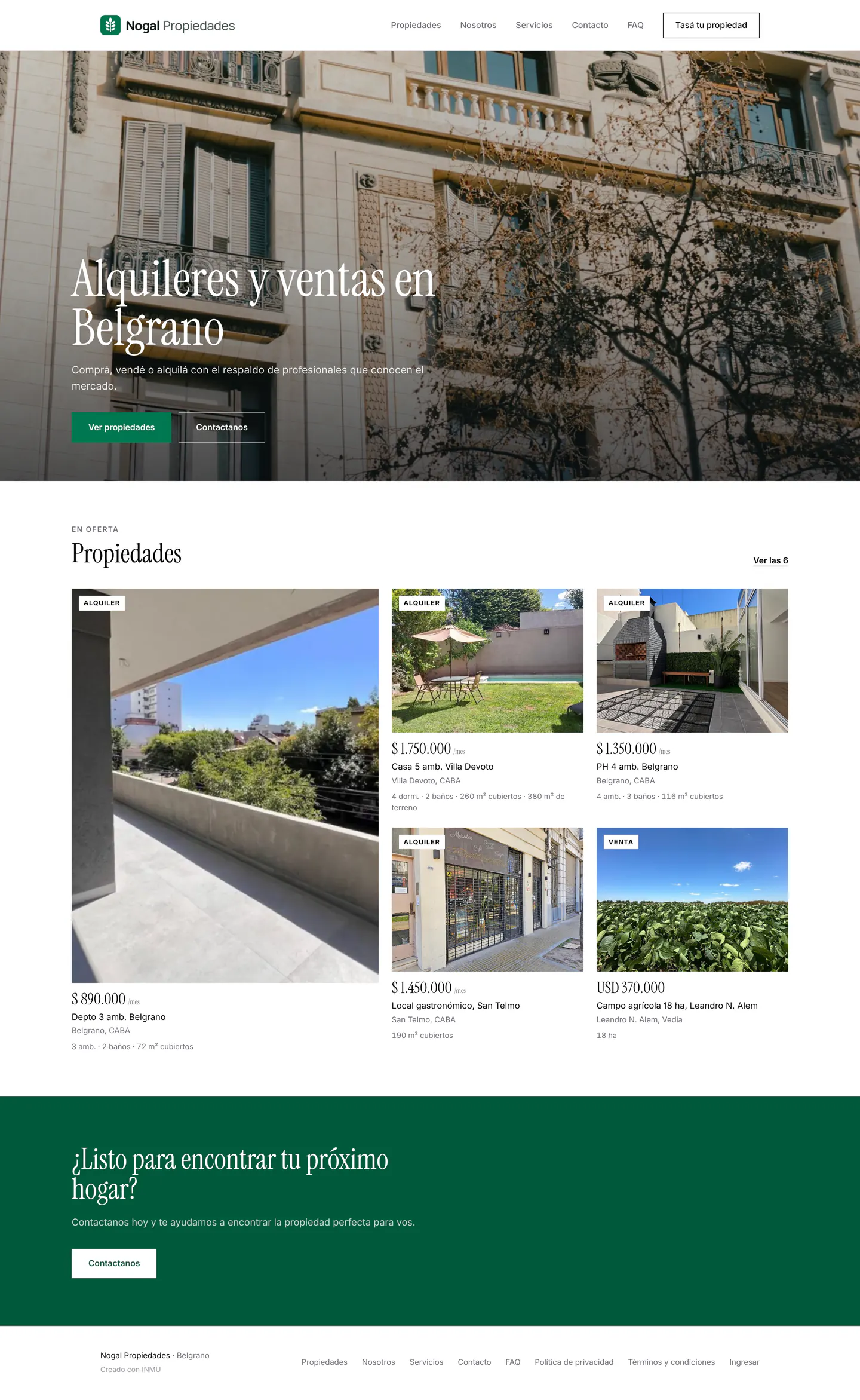 La portada de la web de Nogal Propiedades, inmobiliaria de ejemplo de Belgrano: su logo verde, el estilo Editorial, una fachada de Belgrano en el hero, seis propiedades y su pie.