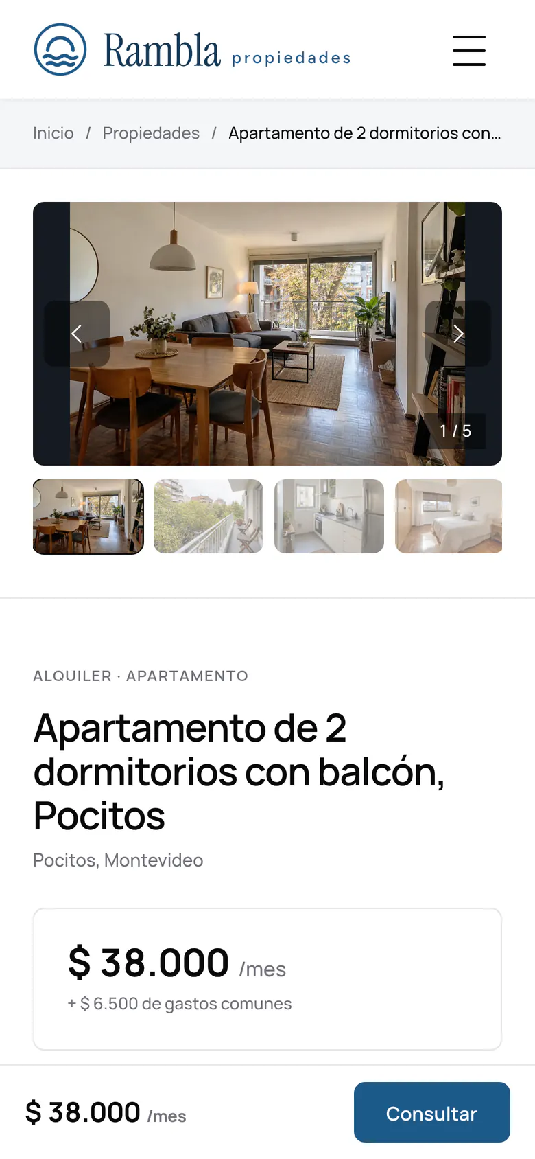 La ficha de un apartamento de 2 dormitorios en Pocitos en la web de Rambla Propiedades, vista en un celular, con los gastos comunes y el botón Consultar en su azul.