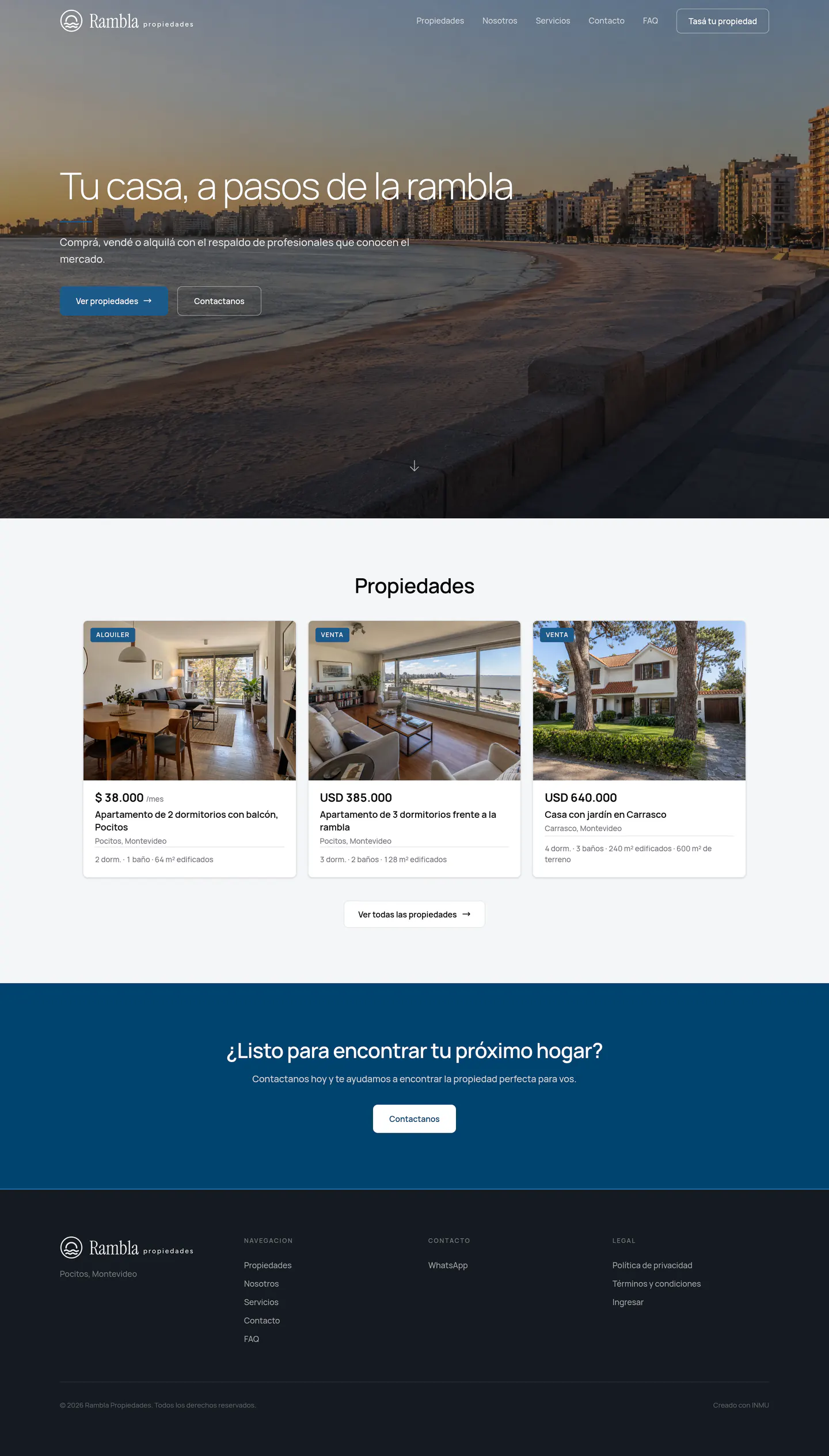 La portada de la web de Rambla Propiedades, inmobiliaria de ejemplo de Pocitos, Montevideo: la rambla al atardecer a toda la pantalla, el estilo Clásico en azul, tres propiedades y su pie.